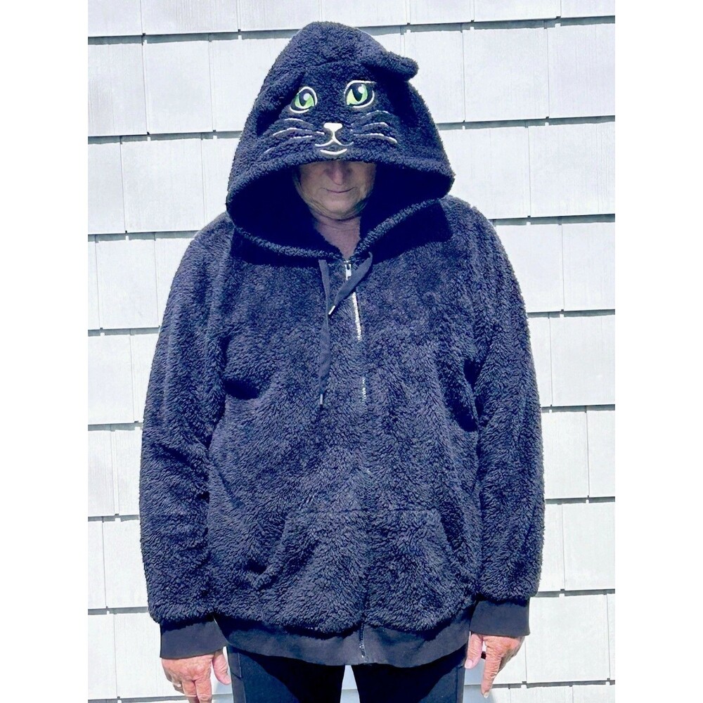 Torrid Black Fuzzy Kitty Face Hoodie Plus Size 2X Zip Up Faux Fur Costume Jacket